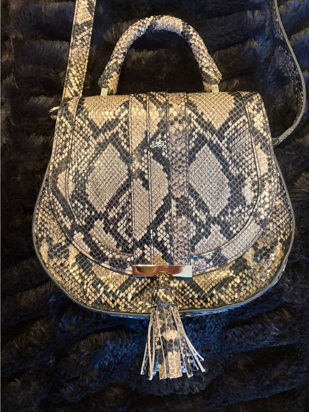 Python-Print Crossbody Saddle Bag with Tassel - Cream & Black